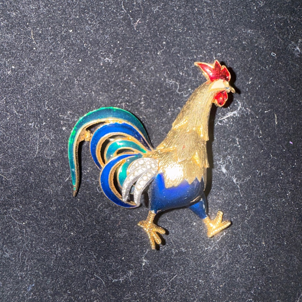 Vintage Multicolor Enamel Rooster Brooch - Gold, Blue, Green, Red